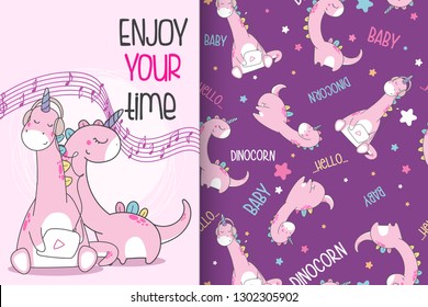 Hand drawn cute dinosaurs with pattern vector set-vector