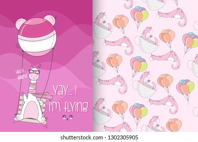 Hand drawn cute dinosaurs with pattern vector set-vector