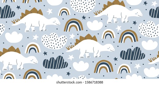 Hand drawn cute dinosaurs seamless pattern. Children's pattern with dinos, rainbows, clouds, stars, polka dots for fashion clothes, shirt, fabric. Scandinavian design. Kids blue dino pattern for boys