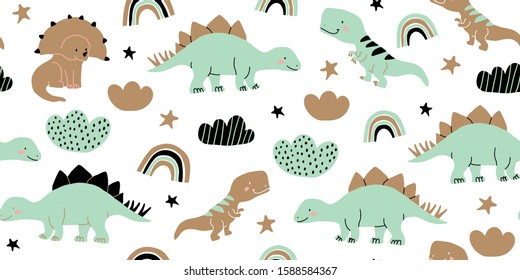 Hand drawn cute dinosaurs seamless pattern. Children's pattern with dinos, rainbows, clouds, stars, polka dots for fashion clothes, shirt, fabric. Scandinavian design. Kids green dino pattern for kids