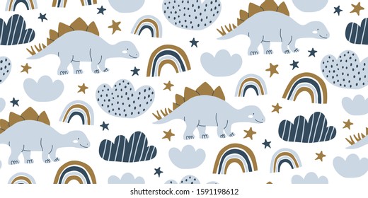 Hand drawn cute dinosaurs seamless pattern. Children's pattern with dinos, rainbows, clouds, stars, polka dots for fashion clothes, shirt, fabric. Scandinavian design. Kids blue dino pattern for boys