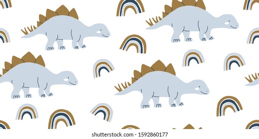 Hand drawn cute dinosaurs seamless pattern. Children's pattern with dinos, rainbows for fashion clothes, shirt, fabric on white background. Scandinavian design. Kids blue dino pattern for boys