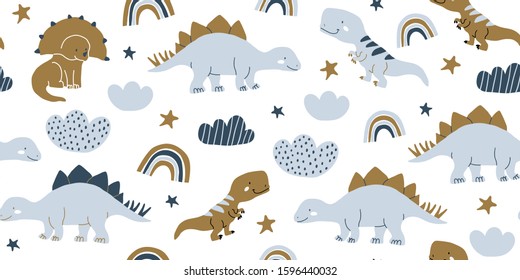 Hand drawn cute dinosaurs seamless pattern. Children's pattern with dinos, rainbows, clouds, stars, polka dots for fashion clothes, shirt, fabric. Scandinavian design. Kids blue dino pattern for boys