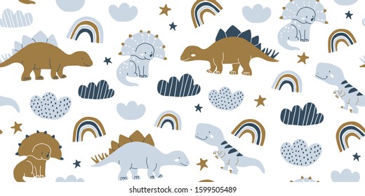 Hand drawn cute dinosaurs seamless pattern. Children's pattern with dinos, rainbows, clouds, stars, polka dots for fashion clothes, shirt, fabric. Scandinavian design. Kids blue dino pattern for boys