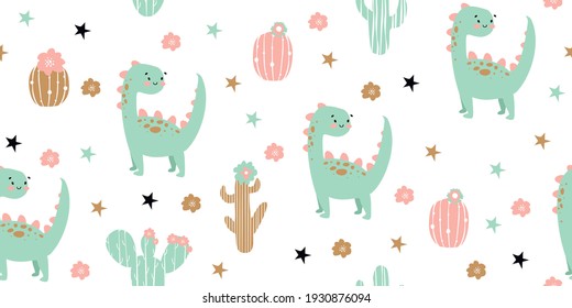 Hand drawn cute dinosaurs seamless pattern. Children's pattern with dinos, cactus, stars, flowers for fashion clothes, shirt, fabric. Scandinavian design. Kids green dino pattern