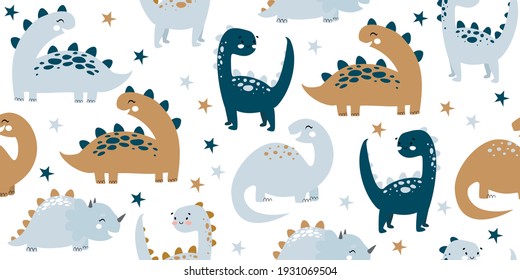 Hand drawn cute dinosaurs seamless pattern. Children's pattern with dinos, stars, polka dots for fashion clothes, shirt, fabric. Scandinavian design. Kids blue dino pattern for boys and girls