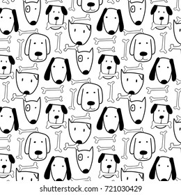 Hand Drawn Cute Dog And Bone Vector Pattern. Doodle Art.