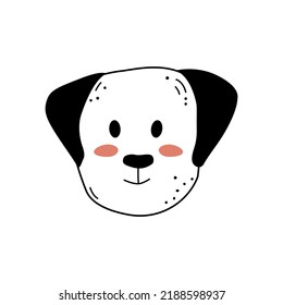 Hand drawn cute dog face doodle style, vector illustration isolated on white background. Black outline animal with pink cheeks, decorative design element