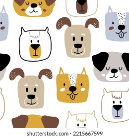 Hand drawn cute dog faces on white background. Seamless pattern with animal vector illustration. Creative childish texture. Great for fabric, textile 