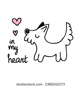 Hand drawn cute dog with hearts and inscription. Love for pets concept. Doodle vector print for T-shirt, postcard, sticker.

