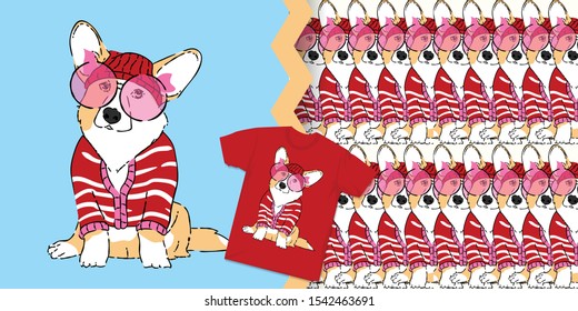 hand drawn cute dog with pattern set