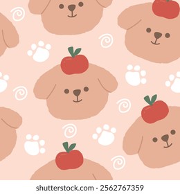 Hand drawn cute dog puppy face in kawaii style seamless pattern. Ideal print for fabrics, textiles, backdrop, wrapping paper, children product, etc
