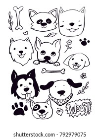 Hand Drawn Cute Doggies Black White Stock Vector (Royalty Free ...