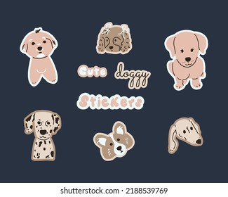 Hand drawn cute doggy stickers set in doodle style. Funny pedigree dogs faces collection. Little puppies portraits. Cartoon vector illustration for kids clothes print, children books and other design