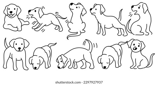 Handgezeichnete süße Hunde Doodles Set. Vektorgrafik auf weißem Hintergrund.