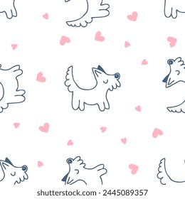 Hand drawn cute dogs with hearts seamless pattern. Love for pets concept. Doodle vector print for tee, paper, textile and fabric.