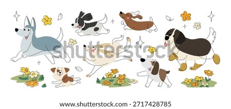 Hand drawn  of cute dogs smiling, shiny and lovely. Set of flat doodle cartoon vector illustration.