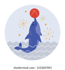 Hand dibujó un delfín lindo con un icono del círculo de la bola, estrella del espectáculo. Ilustración vectorial aislada en estilo de dibujos animados planos