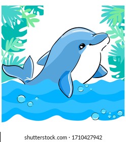 Hand drawn cute dolphin childish print design for t-shirts, swimsuit, fabric. Vector illustration. 