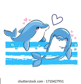 Hand drawn cute dolphin couple and heart. Greeting card design, print, background. Vector illustration