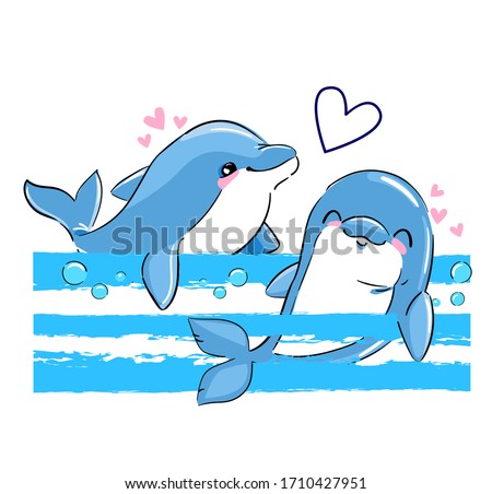 Hand drawn cute dolphin couple and heart. Greeting card design, print, background. Vector illustration