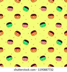 hand drawn cute donuts seamless pattern on yellow background, sweet food vector illustration wallpaper flat design