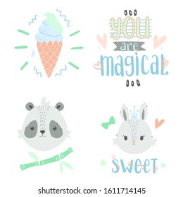 Hand drawn cute doodle animals and lettering. Panda, bunny, ice cream and lettering "you are magical" as separate illustrations. Vector 