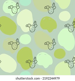 Hand drawn cute doodle cacti, green seamless pattern. Line cactus, succulent, plant wallpaper for paper, fabric textile, baby, home.