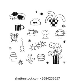 Dibujado a mano lindo doodle carácter línea negra ilustración pincel y lápiz