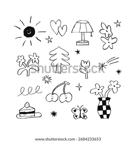 Hand drawn cute doodle character black line illustration brush and pencil