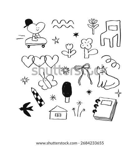 Hand drawn cute doodle character black line illustration brush and pencil