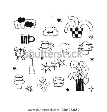 Hand drawn cute doodle character black line illustration brush and pencil