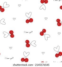 Hand drawn cute doodle cherry seamless pattern with hearts. I love you berry much, white paper line fruit, food.