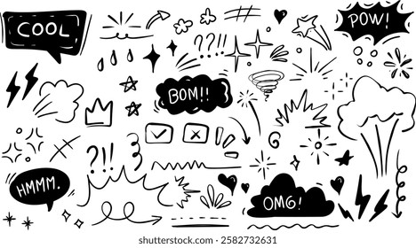 Hand drawn of cute doodle collection set. Flower, star, love, cat and more cute cartoon vector illustration