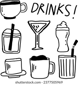 hand drawn cute doodle drinks line for templates.