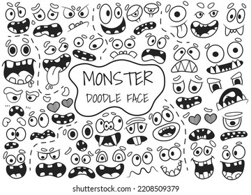 Hand drawn cute doodle face monster collection