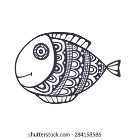 Hand drawn cute doodle fish with ornament. Vector. Isolated.