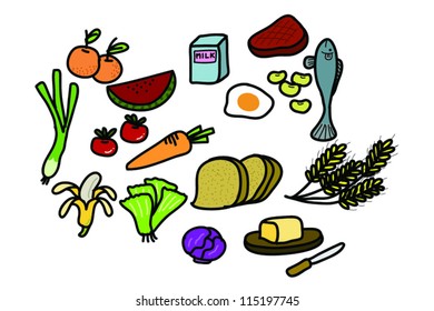 Hand drawn cute doodle of food and fruit on white background