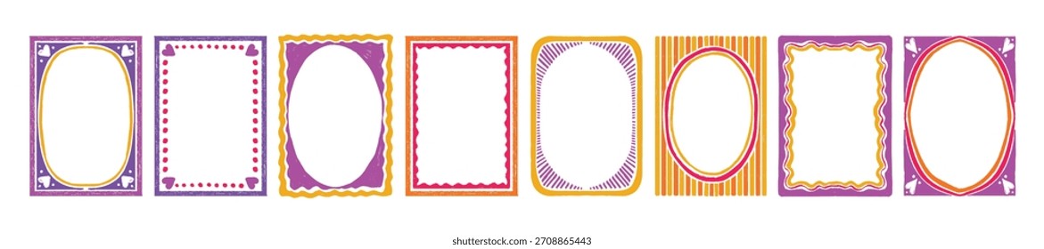 Hand drawn cute doodle frames, cartoon funny colorful borders, holiday birthday postcard decor print. Funky ornamental oval rectangle shapes, picture decoration graphic. Cute pencil texture frame set