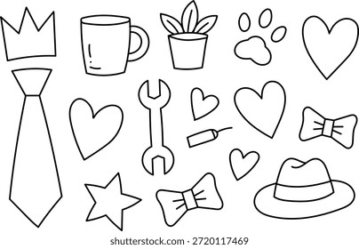 Hand drawn cute doodle icon illustration with hearts crowns tools and fashion accessories