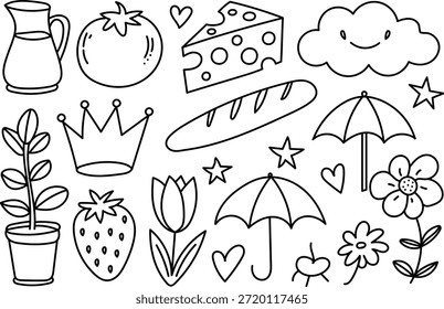 Dibujado a mano lindo doodle ilustración conjunto con paraguas de flores de comida e iconos juguetones