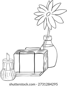 mão desenhado bonito doodle objetos para o tempo do chá. composição mão desenhado ilustração. Tinta de linha gráfica vetorial Arte em preto e branco. Para logotipo, web, pacote, adesivo. Folha de cores para alívio de tensão
