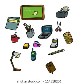 Hand drawn cute doodle of office work station on white background