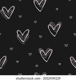 Hand drawn cute doodle pink hearts black seamless love pattern. For Valentine's Day, weddings.