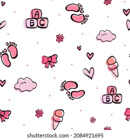 Doodle lindo dibujado a mano con arco rosado, helado, abstracto, chica, huellas, corazones, flores patrón de amor sin costura. Para el Día de San Valentín, bodas.