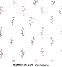 Hand drawn cute doodle red hearts plants white seamless love pattern. For Valentine's Day, weddings.