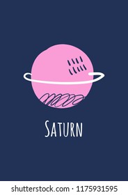 Hand drawn cute doodle Saturn postcard, poster, sticker. Vector illustration