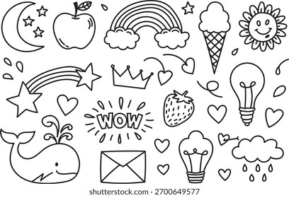 Hand Drawn Cute Doodle Set with Rainbow Ice Cream Whale Crown and Fun Cartoon Icons