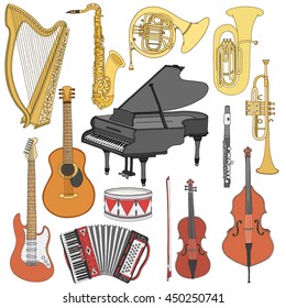 Hand drawn cute, doodle, sketch musical instruments. Vector icons set