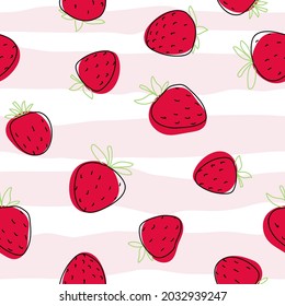 Hand drawn cute doodle strawberry pink white seamless  pattern. Red berry paper food.